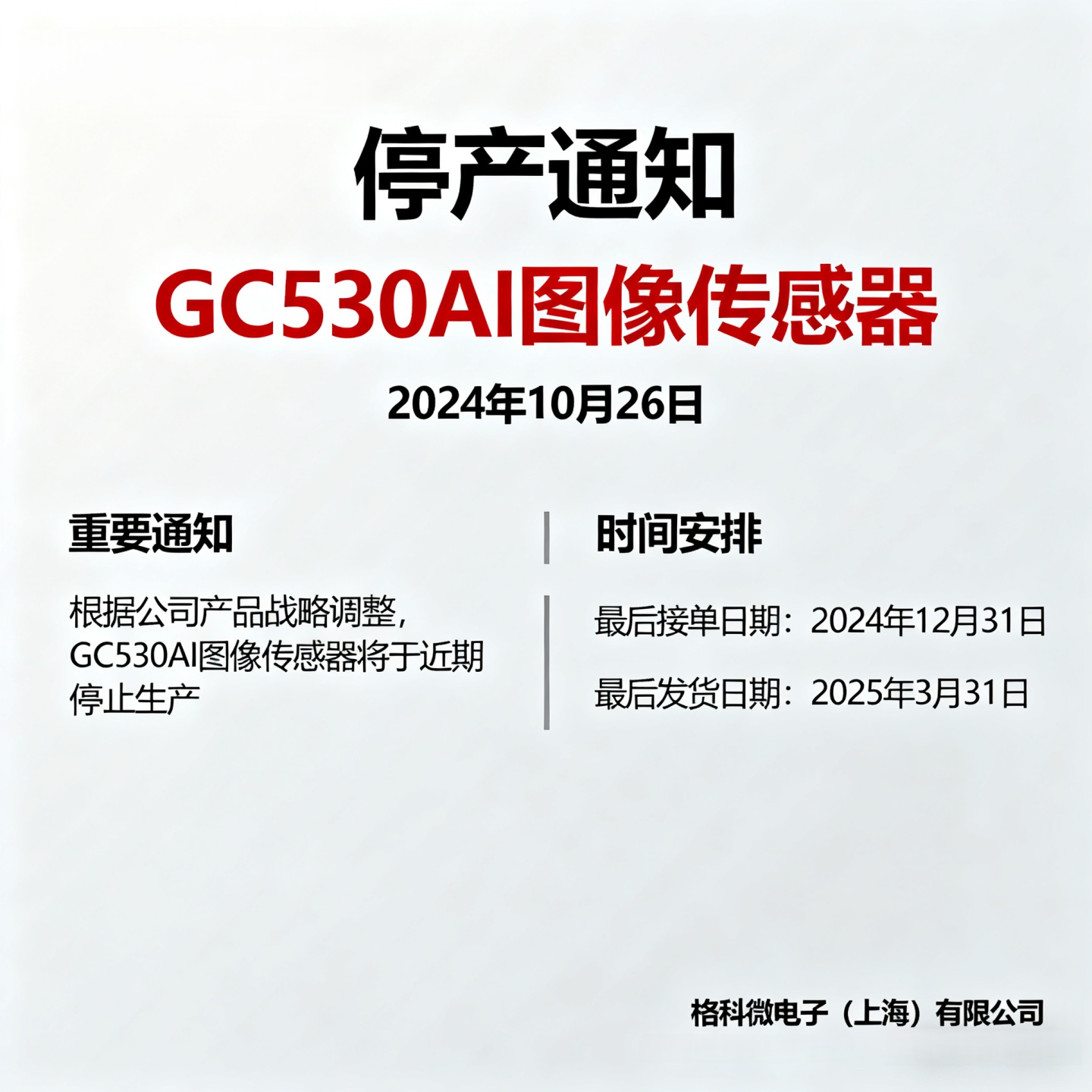 产品生命周期通知：格科微GC530AI图像传感器已进入停产阶段